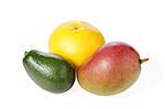 Mix of fresh tropical fruits isolated on white (avocado, grapefruit, mango)