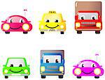 A set of colorful fun and cute cars and toys. Cartoon.