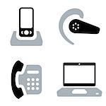 Two-coloured vector icons of communication tools: mobile phone with doc station, headset, office phone and laptop.