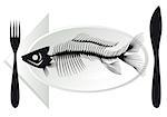 overfishing, fish bones on plate, vector illustration