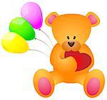 Sitting teddy bear with hearts and balloons
