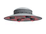 An isolated gray ufo with red glowing engines hovering on white background