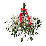 Mistletoe with berries and tied with a red ribbon with bow isolated over white background.