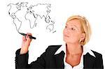 A portrait of a mature beautiful woman drawing a world map over white background