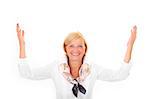 A picture of an attractive mature woman with her hands up over white background