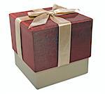 closed wine color gift box with a gold ribbon, isolated over white