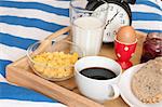 Breakfast in Bed - Bread, Jam, Coffee, Boiled Egg, Milk, Corn Flakes and Alarm Clock