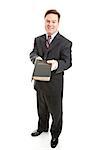 Christian businessman or Bible salesman spreading the word of God.  Full body isolated on white.