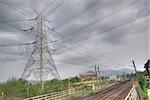 train track and power tower