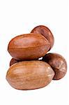 Few shelled pecan nuts isolated on a white background.