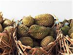 close up of baskets of durians, the king of fruits