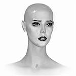 Weathered plastic mannequin doll head. Black and white.