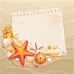 Vintage greeting card with shells and starfishes on sand background. Vector illustration.