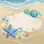 Vintage greeting card on sand with shells and starfishes and place for text.
