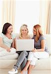 Smiling young women sitting on a sofa with a laptop in a living room