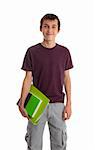 Smiling male teen student carrying books and ring folder.