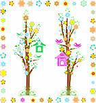 tree with birds with birdhouse and colorful flower