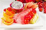 mixed plate of fresh fruits,pitaya or dragon fruit with watermelon, orange,apple and cherry tomatoes,MORE DELICIOUS FOOD ON PORTFOLIO