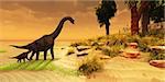 A mother Brachiosaurus Dinosaur brings her offsring to an island habitat in the Jurassic Era.