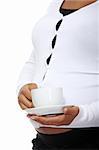 Pregnant woman holding cup of coffee , isolated on white background