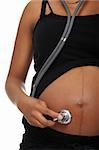 Pregnant woman listening her belly with stethoscope , isolated on white background