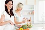 Laughing Women preparing dinner in a kitchen