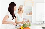 Cheering young Women preparing dinner in a kitchen