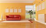 orange and red modern lounge with couch and radiator-rendering - the image on background is a my photo