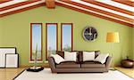 contemporary mansard with brown sofa - rendering - the image on background is a my photo