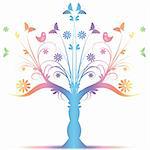 Colorful art tree with birds and butterfly on white background