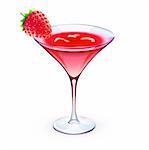 Vector illustration of red cocktail in a sparkling glass with funky strawberry and cubes of ice