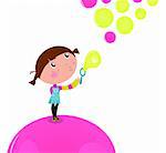 Lovely little Girl blowing Soap bubbles in the Air. Vector cartoon Illustration.