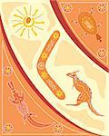 an illustration of an aboriginal style design with boomerang kangaroo turtle and duck billed platypus in warm colors