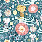 seamless floral pattern with funny cats on a blue background