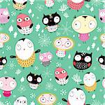 seamless pattern of the fun colored owls on a green background with trees and snowflakes