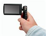 Small Portable Video Camera / Camcorder With Blank Display in Male Hand - Isolated On White