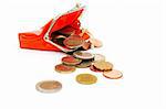 Coins in wallet isolated on white background.