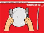 An isolated vector of a hand holding spoon, fork, & knife above a plate. The spoon, fork, & knife are changeable. Good for many application, especially for logo of restaurant or such.  Available as a Vector in EPS8 format that can be scaled to any size without loss of quality. The graphics elements are all can easily be moved or edited individually.