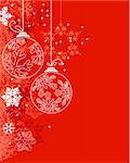 Red Christmas background with contour balls and snowflakes