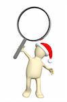 3d puppet in christmas hat with loupe. Isolated over white