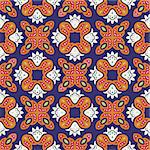 Cheerful, seamless and colorful floral pattern with dots on a dark blue background