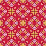 Cheerful, seamless and colorful floral pattern with dots on a bright red background
