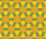 Cheerful, seamless and colorful floral pattern with leaves on a bright yellow background
