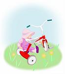 A toddler girl sits and plays with a     red tricycle.