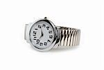 Modern wristwatch with steel bracelet on white background. Isolated with clipping path