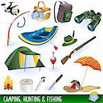 A collection of different illustrations : camping, hunting and fishing images.