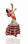 Young woman dancing flamenco with castanets on white background
