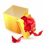 Open yellow gift box with red ribbon isolated on white