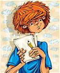 Teen boy, hairy red head, with pencil and paper sheets, young artist. Vector illustration.