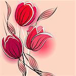 Pastel background with stylized contour red tulips